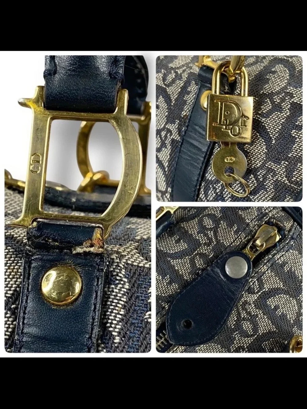 Dior Navy & Beige Oblique Satchel with Gold Hardware